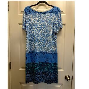 Chico's Size Small (0) Blue & White Lined Swirl Abstract Boat Neck Shift Dress